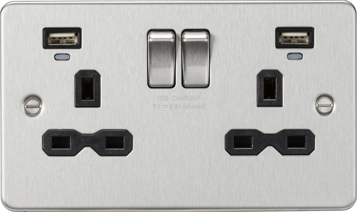 13A 2G Switched Socket, dual USB charger (2.4A) with Indicators - Brushed Chrome with black insert