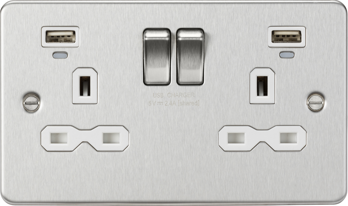 Flat Plate 13A 2G switched socket with USB chargers (2.4A) - Brushed Chrome with white insert