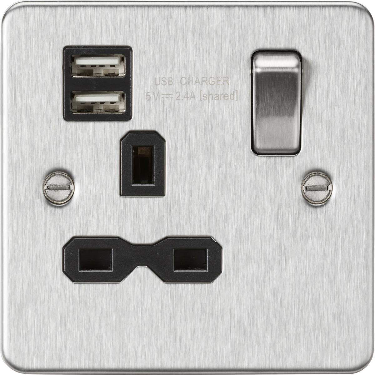 Flat plate 13A 1G switched socket with dual USB charger (2.4A) - brushed chrome with black insert