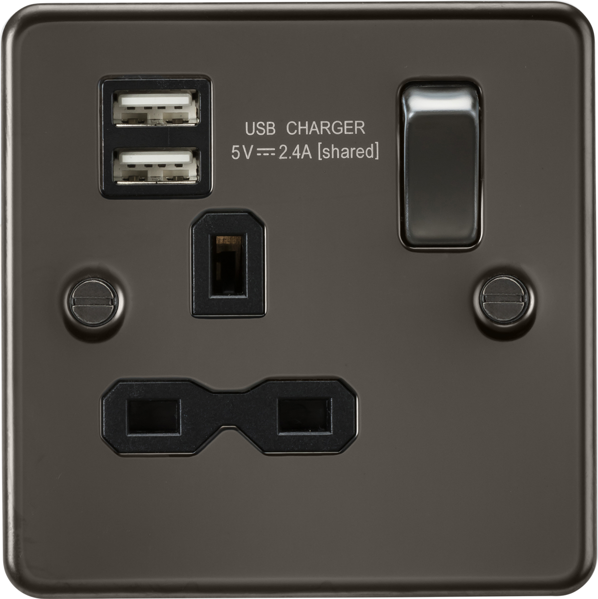 Flat plate 13A 1G switched socket with dual USB charger (2.4A) - gunmetal with black insert