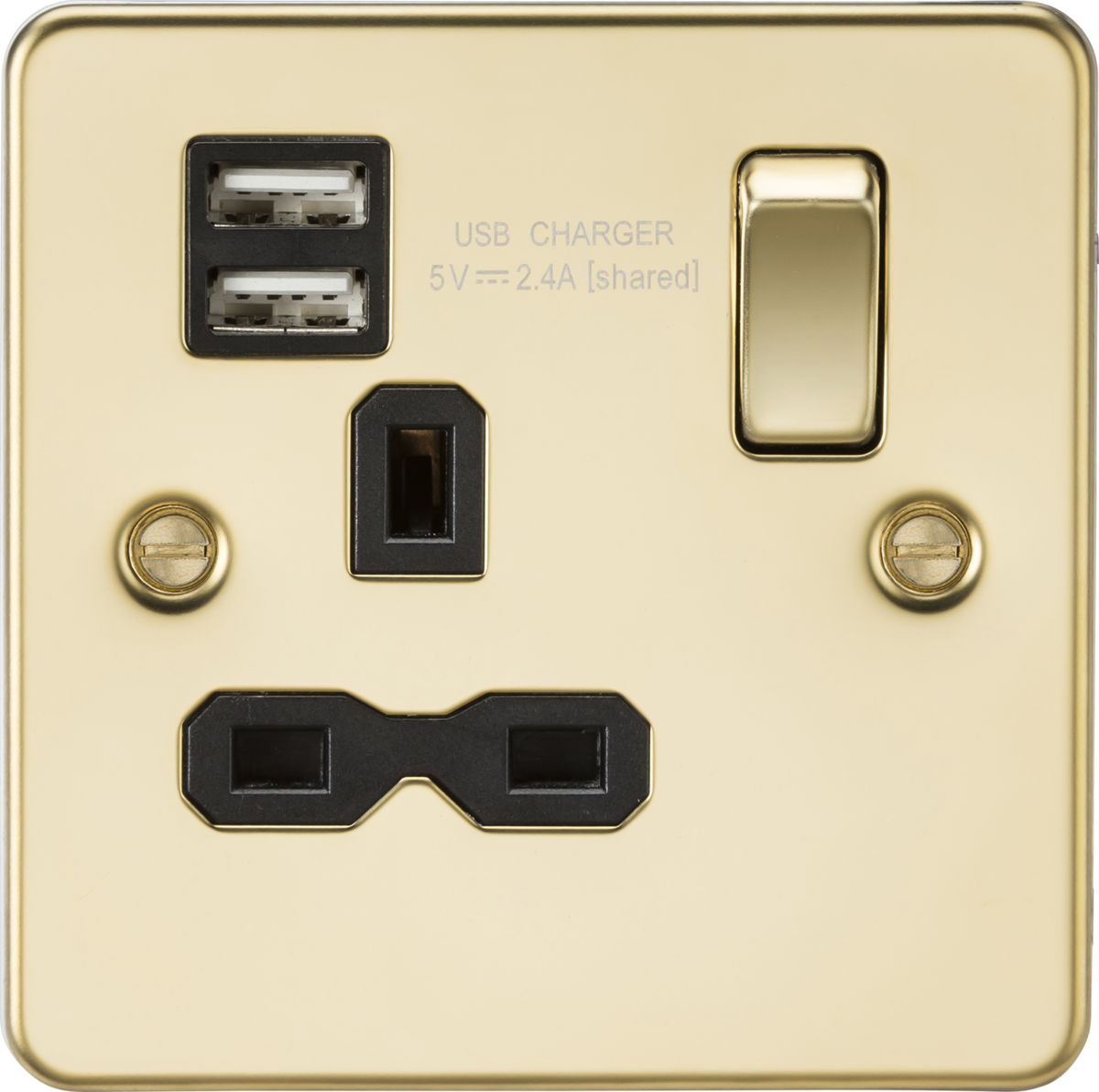Flat plate 13A 1G switched socket with dual USB charger (2.4A) - polished brass with black insert