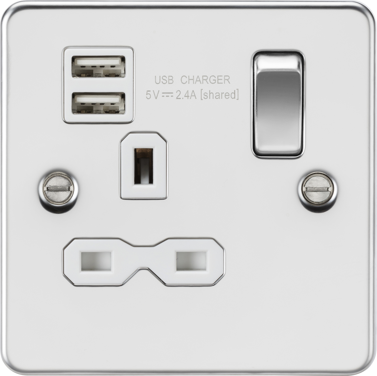 Flat plate 13A 1G switched socket with dual USB charger (2.4A) - polished chrome with white insert