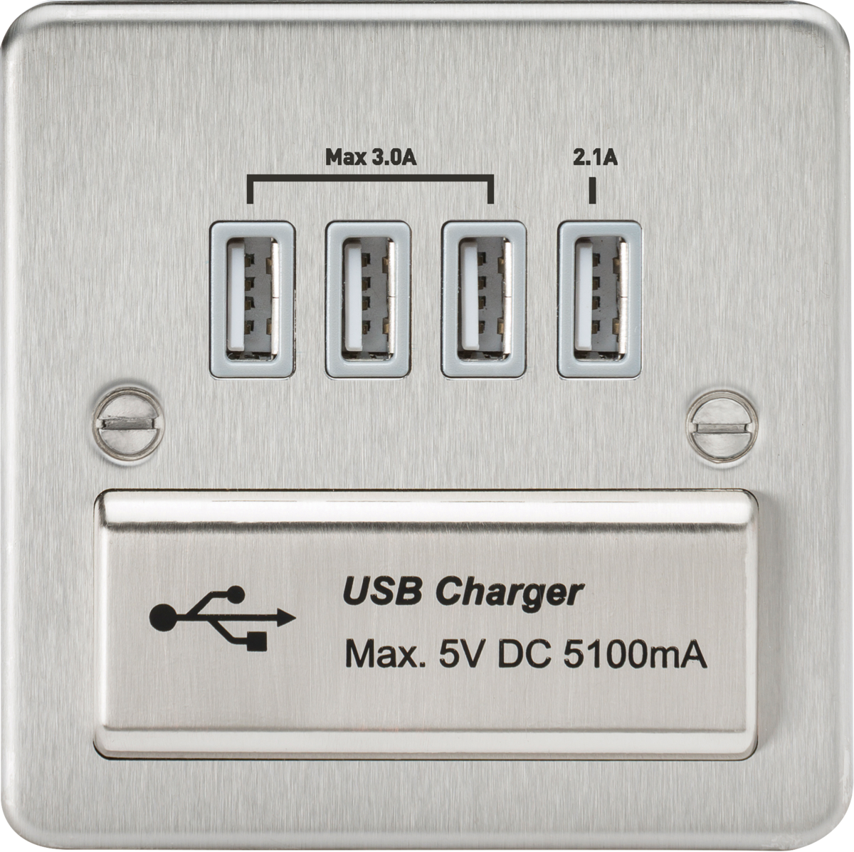 Flat Plate Quad USB charger outlet - Brushed chrome with grey insert