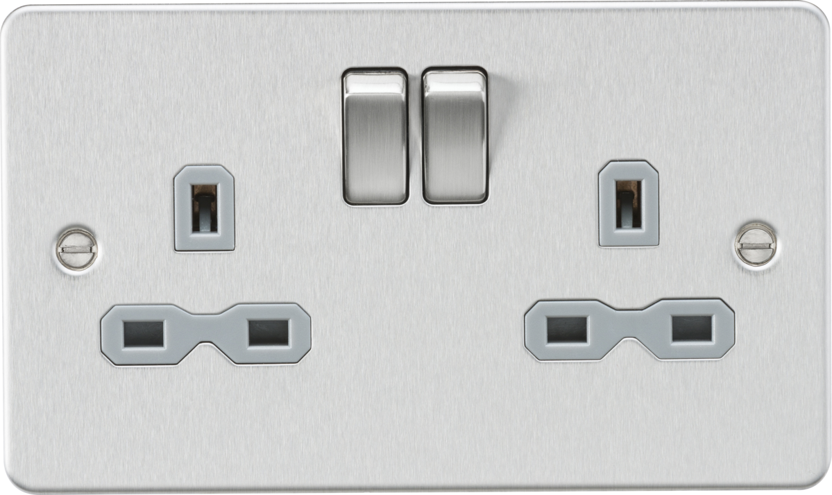 Flat plate 13A 2G DP switched socket - brushed chrome with grey insert