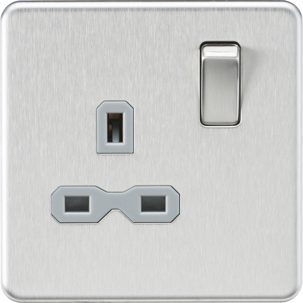 Screwless 13A 1G DP switched Socket - Brushed Chrome with grey Insert