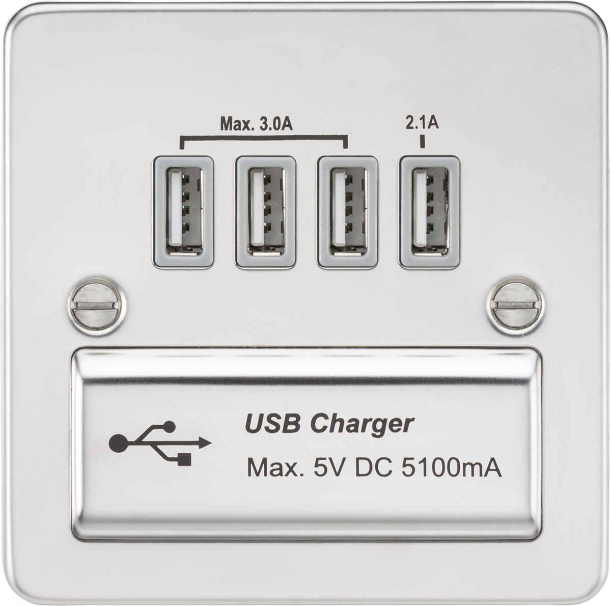 Flat plate Quad USB charger outlet - Polished chrome with grey insert