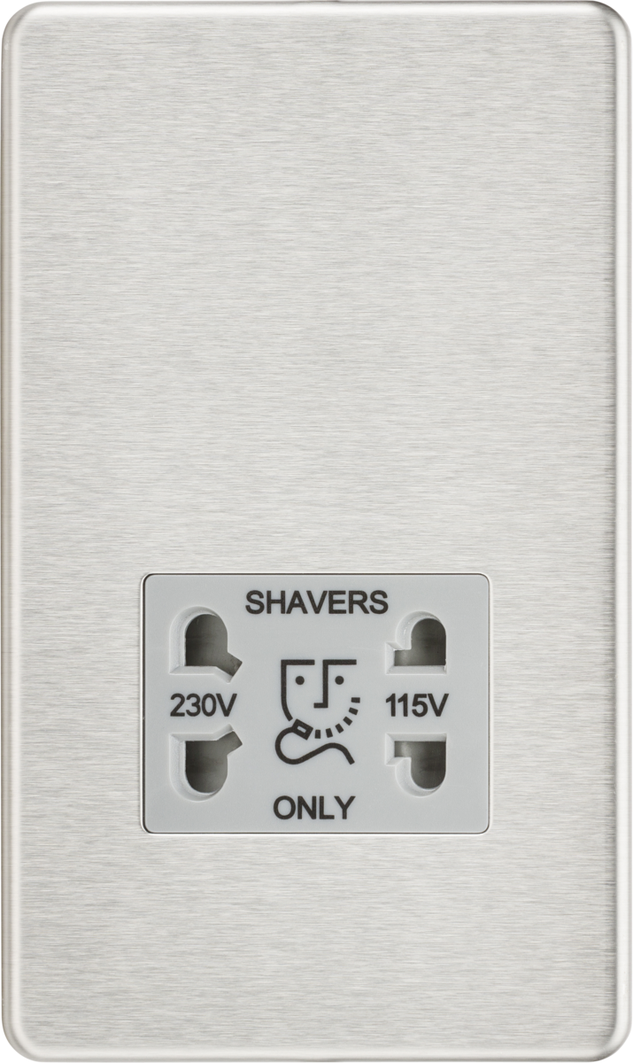 Screwless 115/230V Dual Voltage Shaver Socket - Brushed Chrome with Grey Insert
