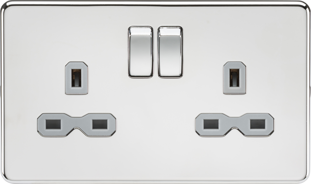 Screwless 13A 2G DP switched socket - polished chrome with grey insert