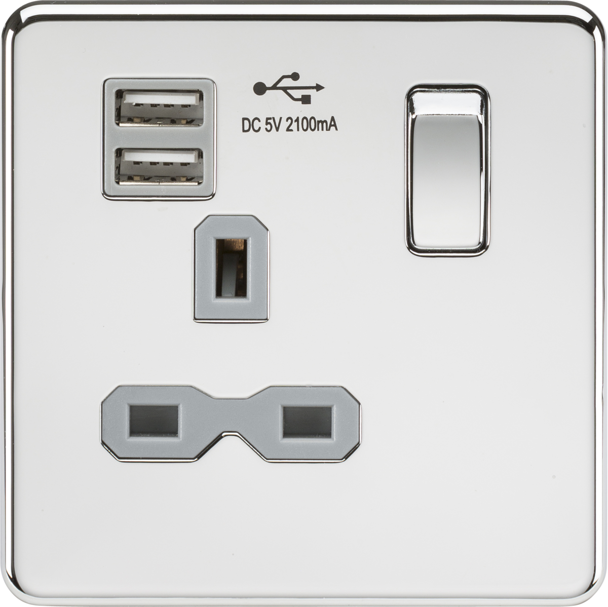 Screwless 13A 1G switched socket with dual USB charger (2.1A) - polished chrome with grey insert