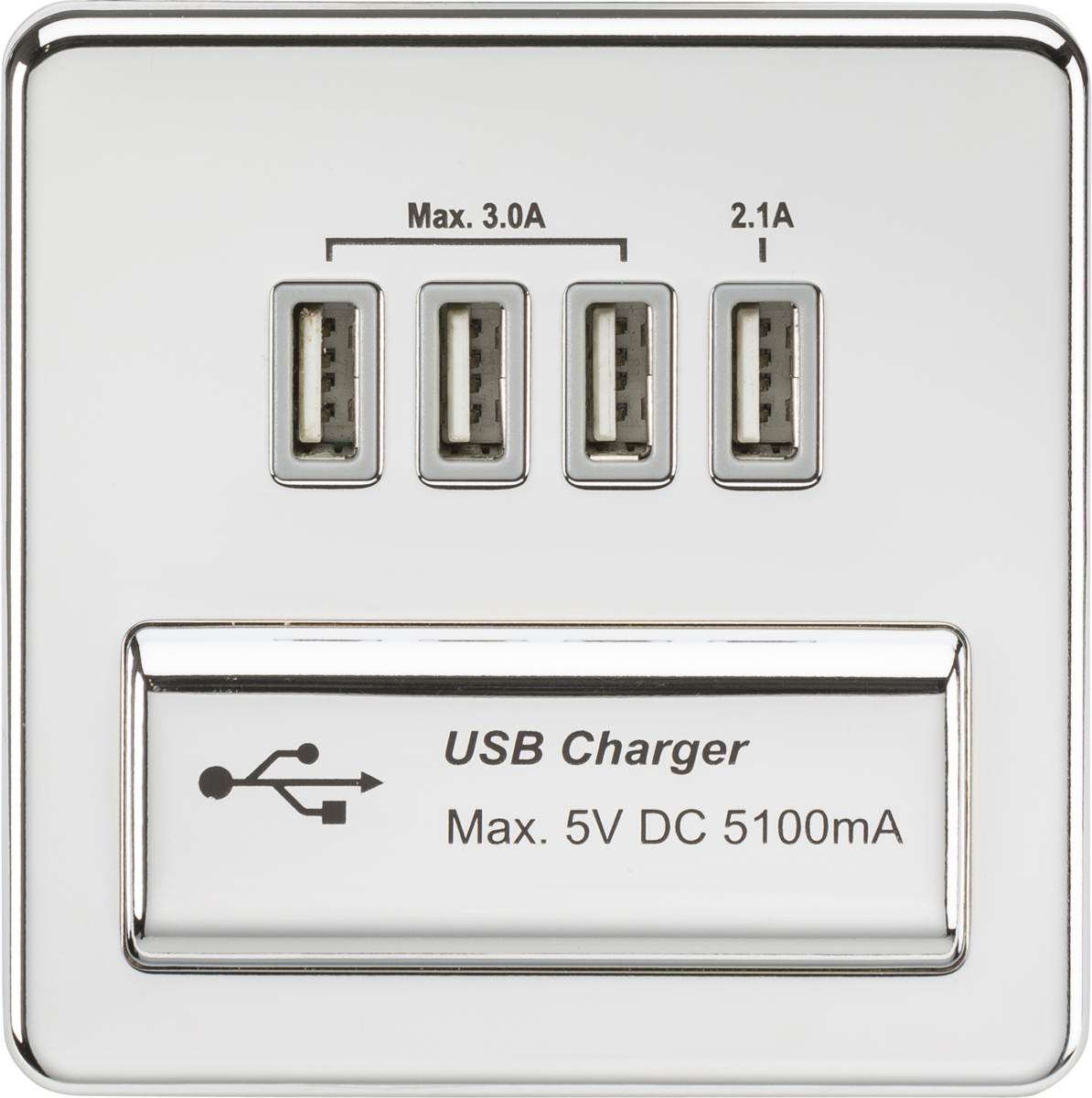 Screwless Quad USB charger Outlet (5.1A) - Polished chrome with grey insert