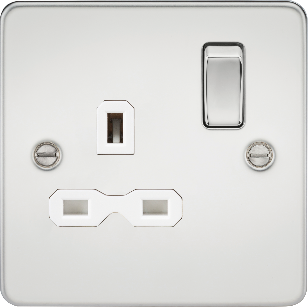 Flat plate 13A 1G DP switched socket - polished chrome with white insert