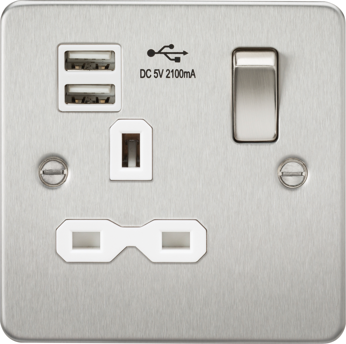 Flat plate 13A 1G switched socket with dual USB charger (2.1A) - brushed chrome with white insert