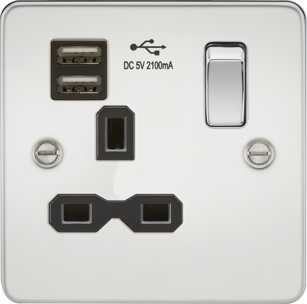 Flat plate 13A 1G switched socket with dual USB charger (2.1A) - polished chrome with black insert