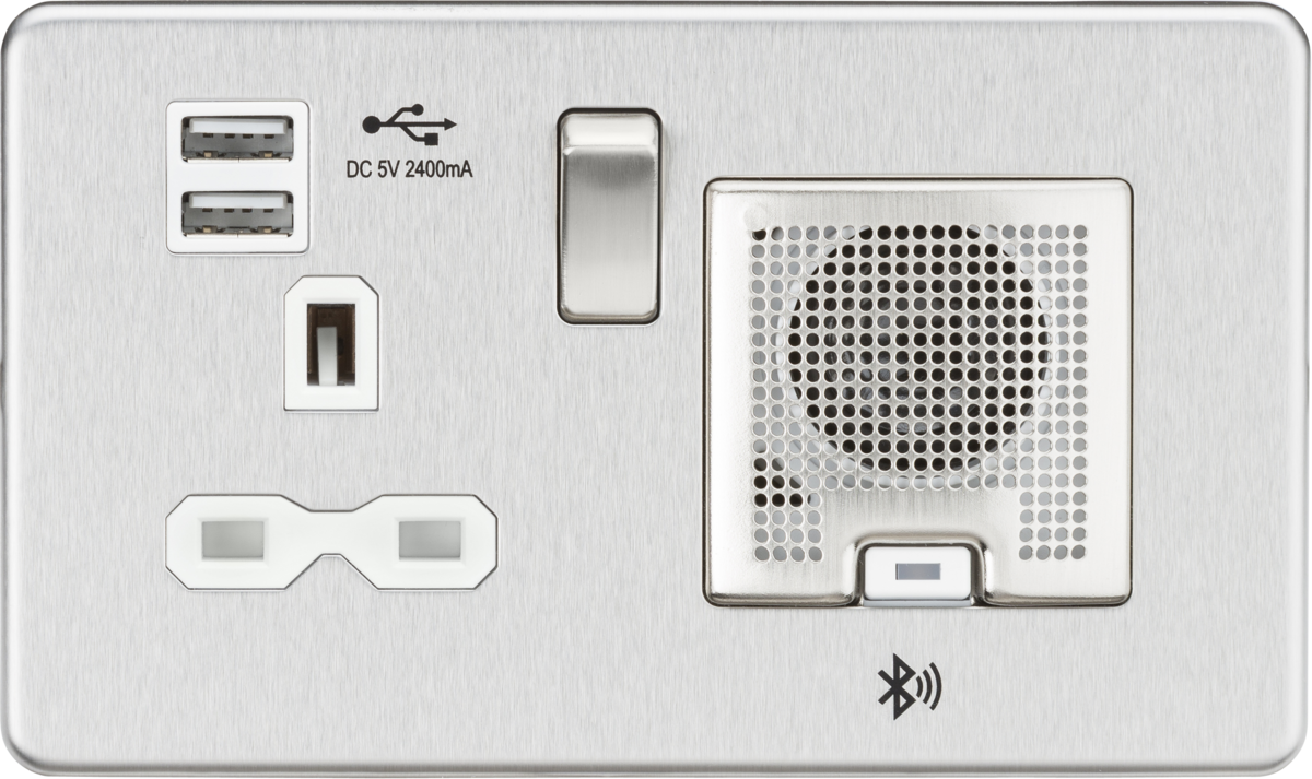 Screwless 13A socket, USB chargers (2.4A) and Bluetooth Speaker - Brushed chrome with white insert