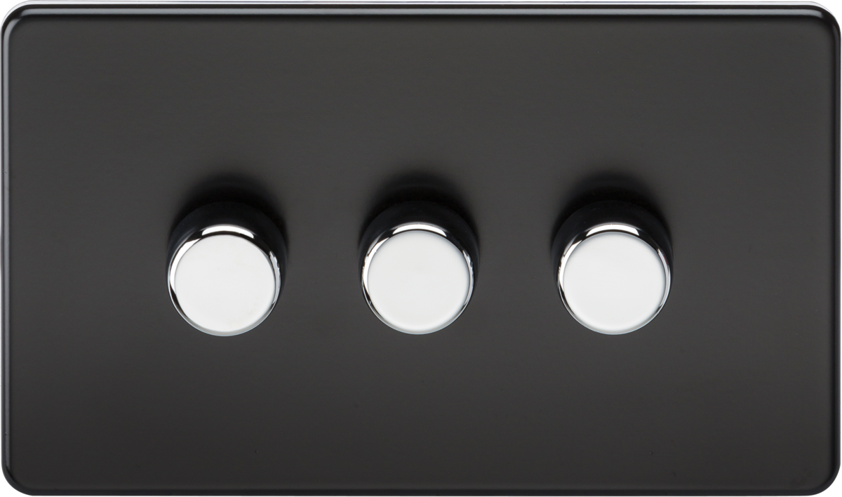 Screwless 3G 2-way 10-200W (5-150W LED) trailing edge dimmer - Matt Black with chrome knobs