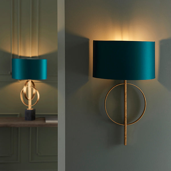 Hoop gold leaf wall light with teal shade