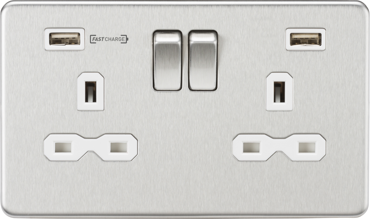 13A 2G DP Switched Socket with Dual USB Charger (Type-A FASTCHARGE port) - Brushed Chrome/White