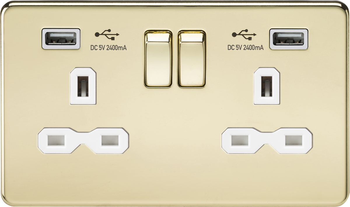 13A 2G switched socket with dual USB charger A + A (2.4A) - Polished brass with white insert