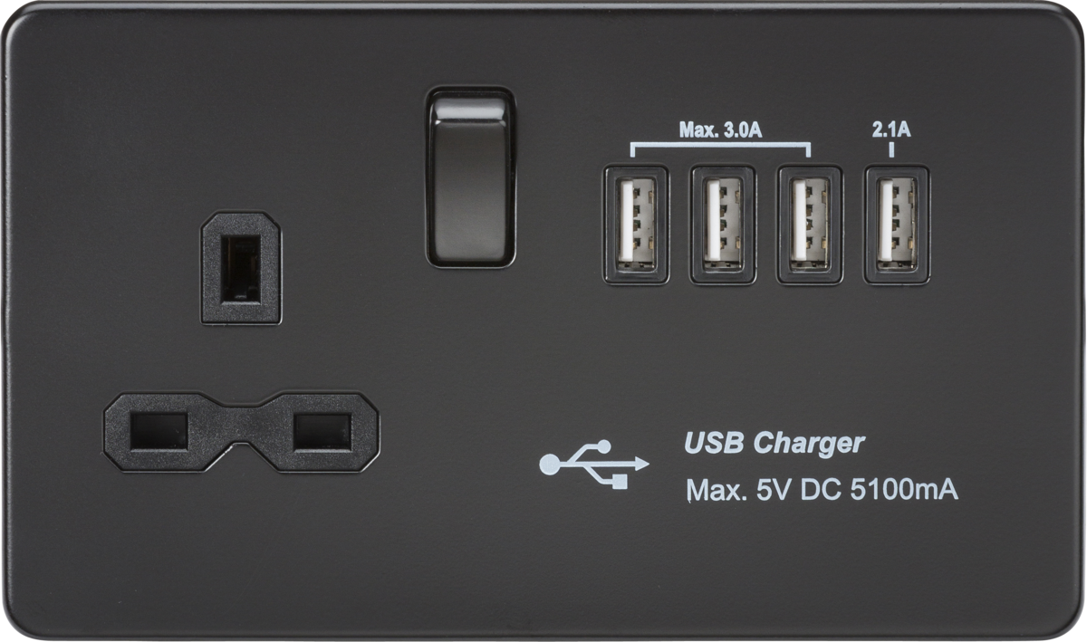 Screwless 13A switched socket with quad USB charger (5.1A) - Matt Black