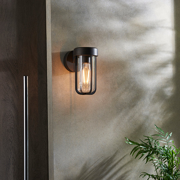 Die-cast IP44 brushed bronze & clear glass E27 wall light