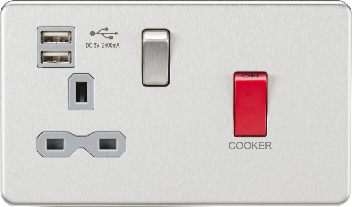 45A DP Switch & 13A Switched Socket with Dual USB Charger 2.4A - Brushed Chrome with grey insert