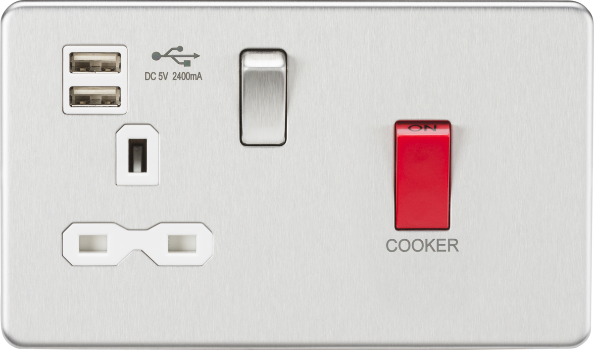 45A DP Switch & 13A Switched Socket with Dual USB Charger 2.4A - Brushed Chrome with white insert