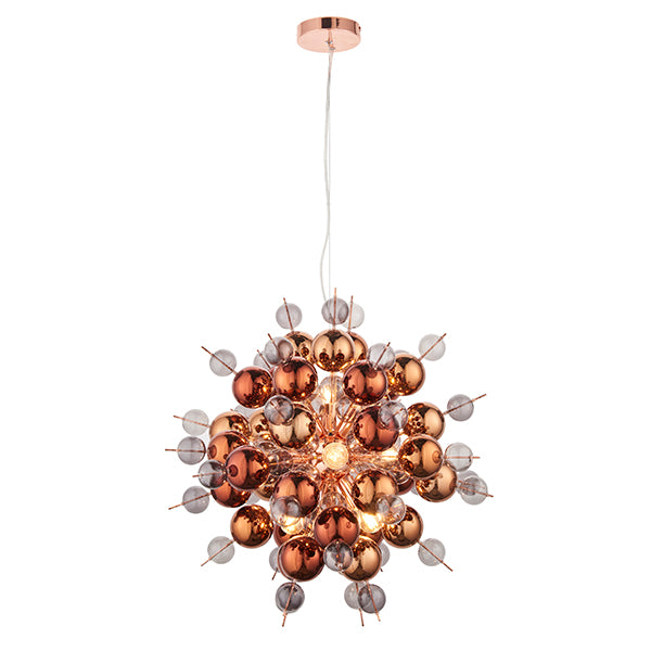 Copper plated pendant with tinted glass spheres