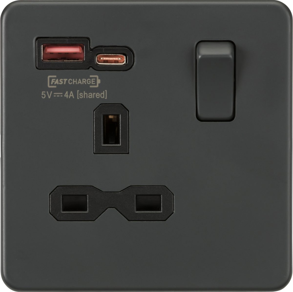 13A 1G Switched Socket with dual USB [FASTCHARGE] A+C - Anthracite