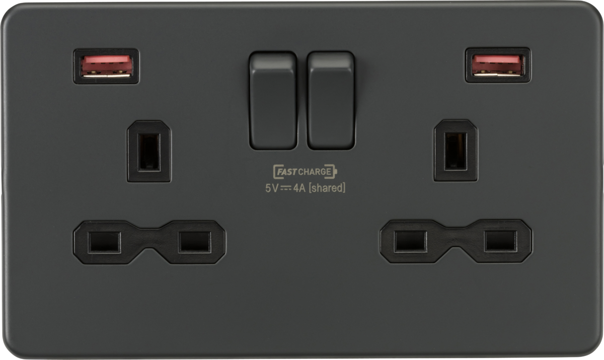 Screwless 13A 2G DP Switched Socket w/ Dual USB FASTCHARGE ports A/A (5-12V 4A shared) - Anthracite