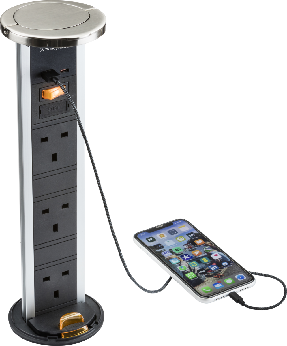 IP54 3G pop-up socket with dual USB charger  A+C (FASTCHARGE) - Brushed chrome Cap