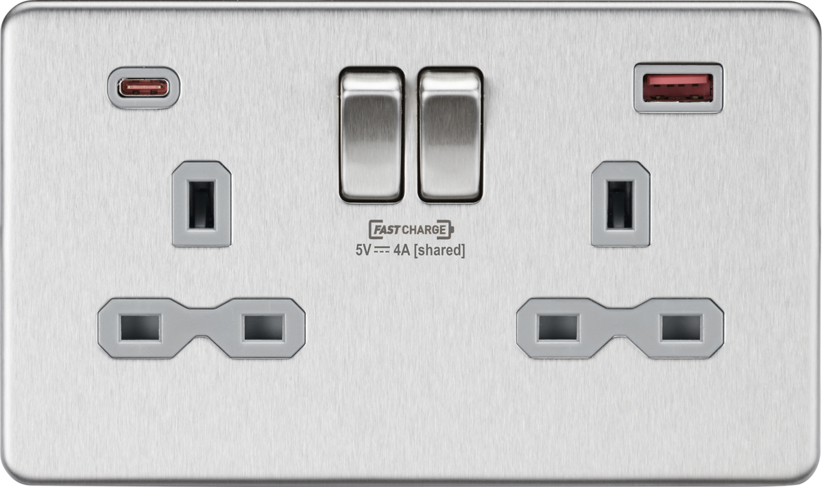 13A 2G DP Switched Socket with dual USB [FASTCHARGE] A+C - Brushed Chrome with grey insert