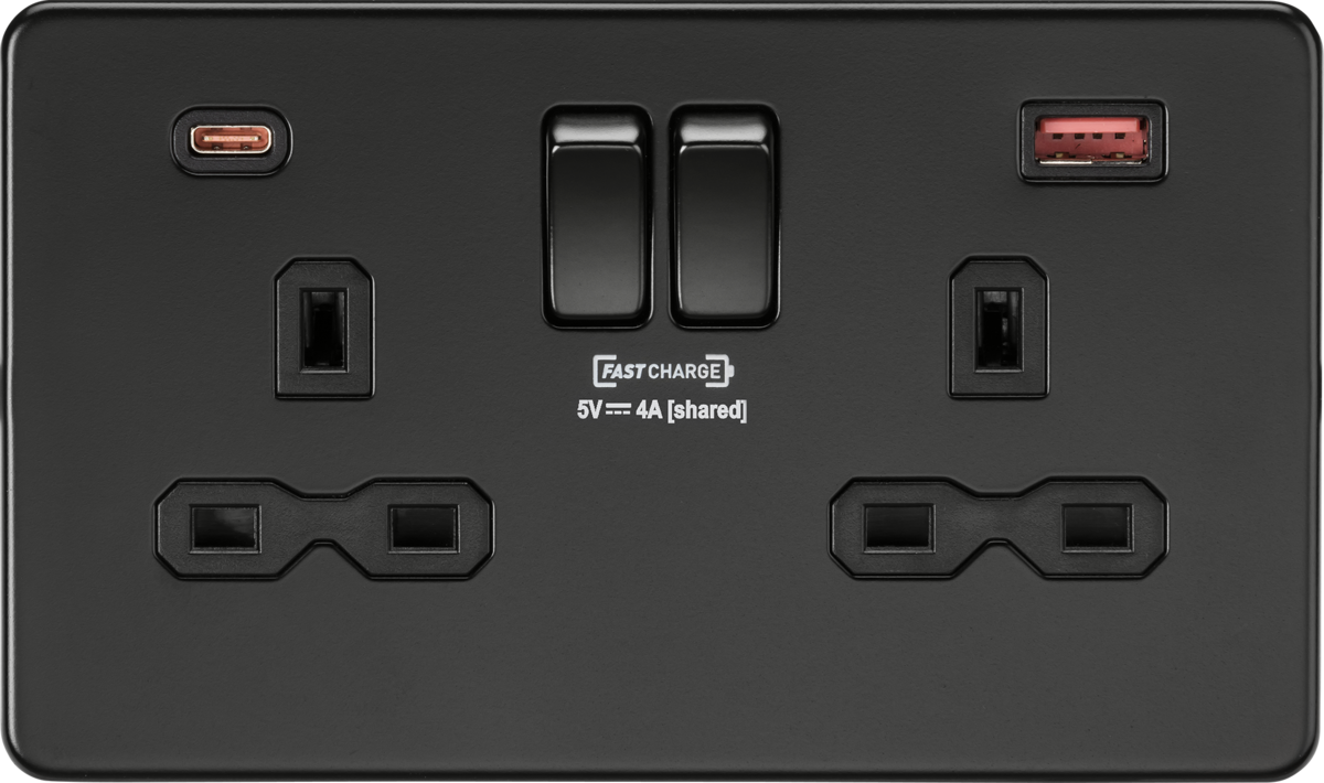 13A 2G DP Switched Socket with dual USB [FASTCHARGE] A+C - Matt Black