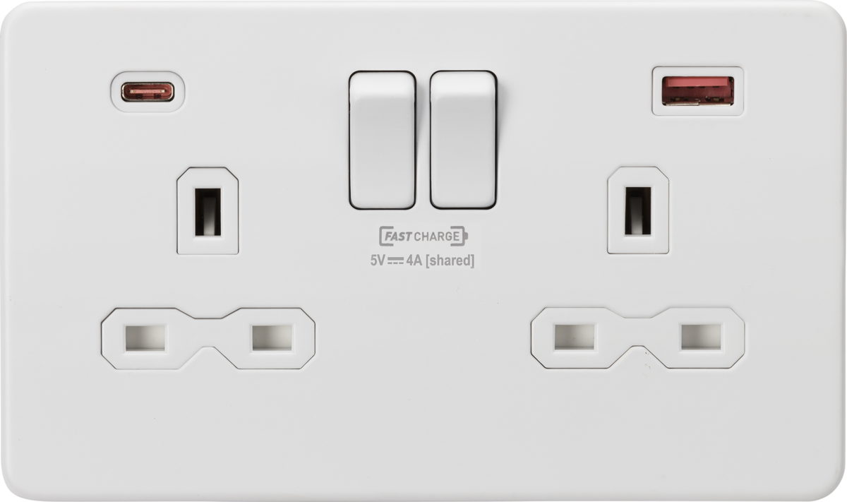 13A 2G DP Switched Socket with dual USB [FASTCHARGE] A+C - Matt White