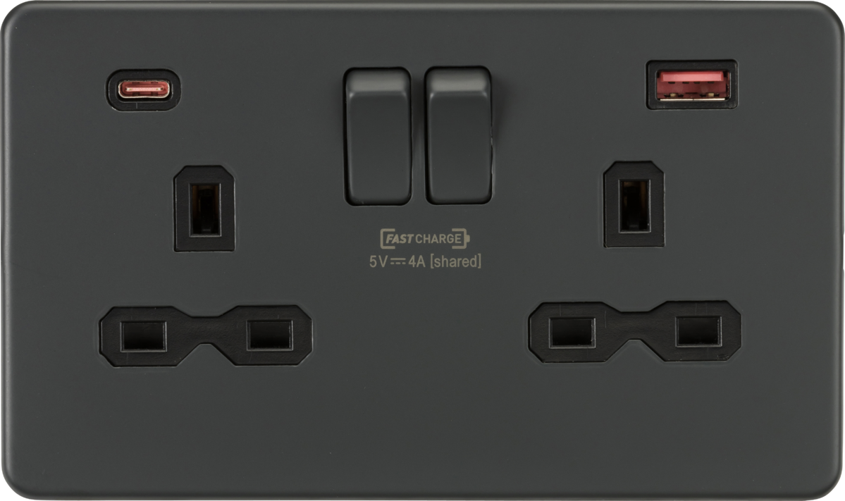 13A 2G DP Switched Socket with dual USB [FASTCHARGE] A+C - Anthracite