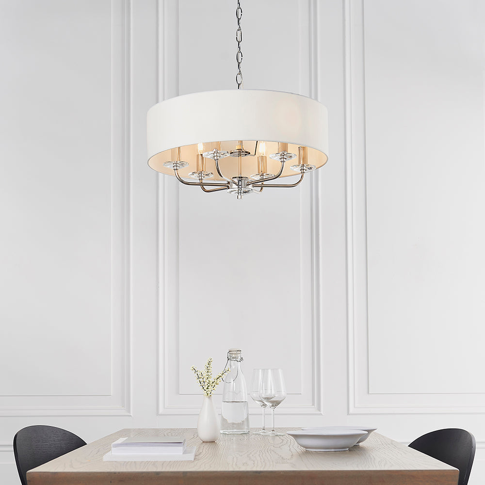 Endon Lighting 60179 Nixon 6Lt Pendant Bright Nickel Plate & Vintage White Fabric