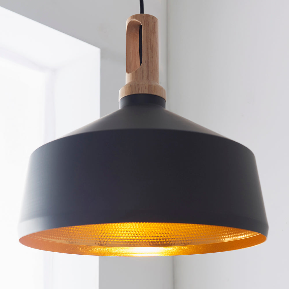 Endon Lighting 61347 Garcia 1Lt Pendant Matt Black & Light Wood