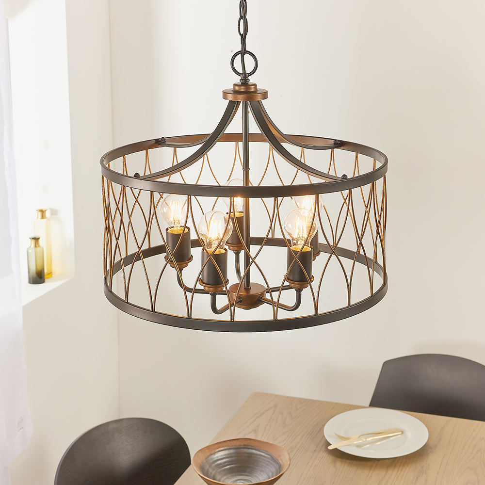 Endon Lighting 61498 Heston 5Lt Pendant Matt Black & Rustic Bronze Paint