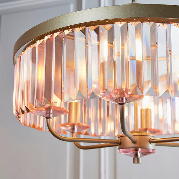 Round champagne and rose pink cut glass chandelier