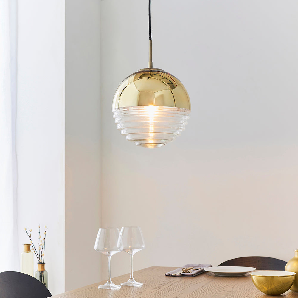 Endon Lighting 68958 Paloma 1Lt Pendant Gold Effect Plate & Clear Ribbed Glass
