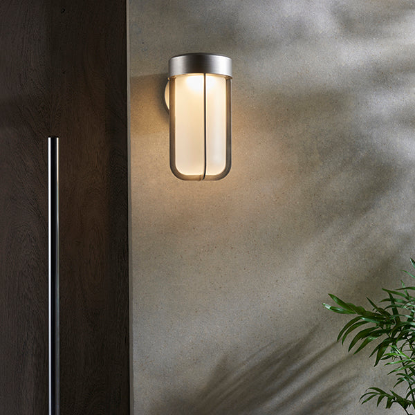 Die-cast IP44 brushed silver & frosted glass LED wall light