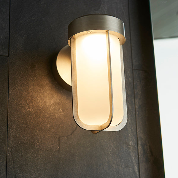 Die-cast IP44 brushed silver & frosted glass LED wall light