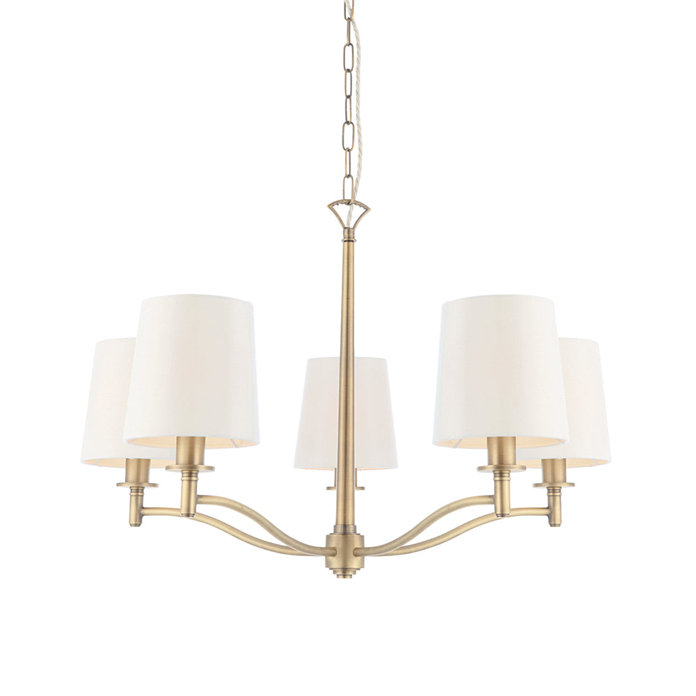 Endon Lighting 70245 Ortona 5Lt Pendant Matt Antique Brass Plate & Vintage White Fabric