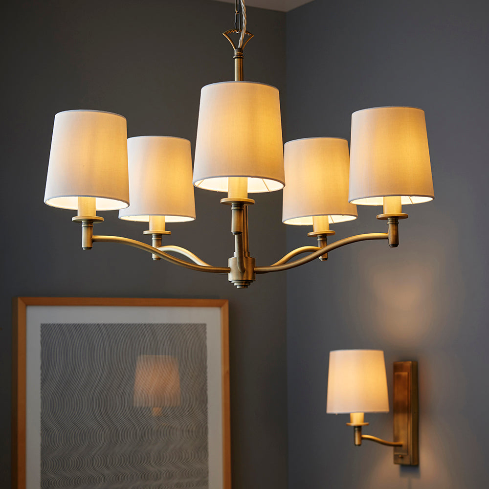Endon Lighting 70245 Ortona 5Lt Pendant Matt Antique Brass Plate & Vintage White Fabric
