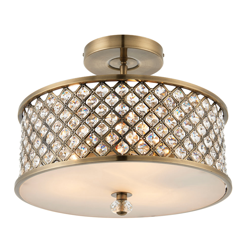 Endon Lighting 70558 Hudson 3Lt Flush Antique Brass Plate & Clear Crystal