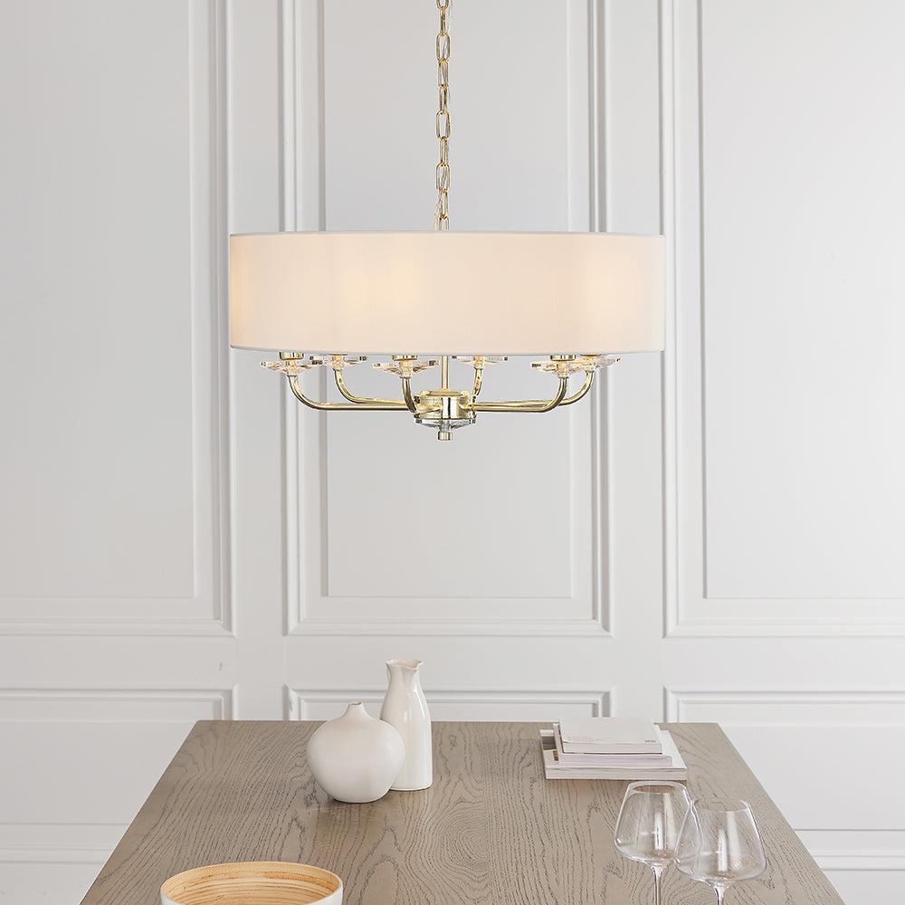 Endon Lighting 70561 Nixon 6Lt Pendant Brass Plate & Vintage White Fabric
