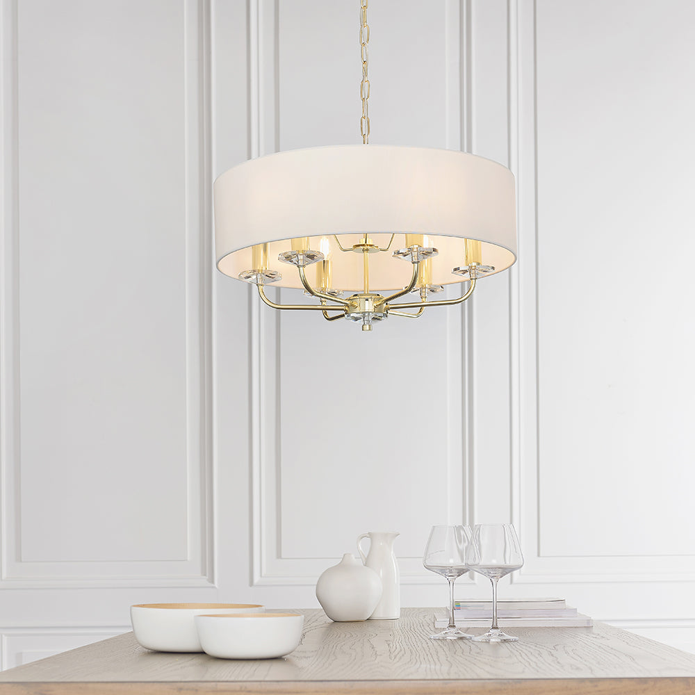 Endon Lighting 70561 Nixon 6Lt Pendant Brass Plate & Vintage White Fabric