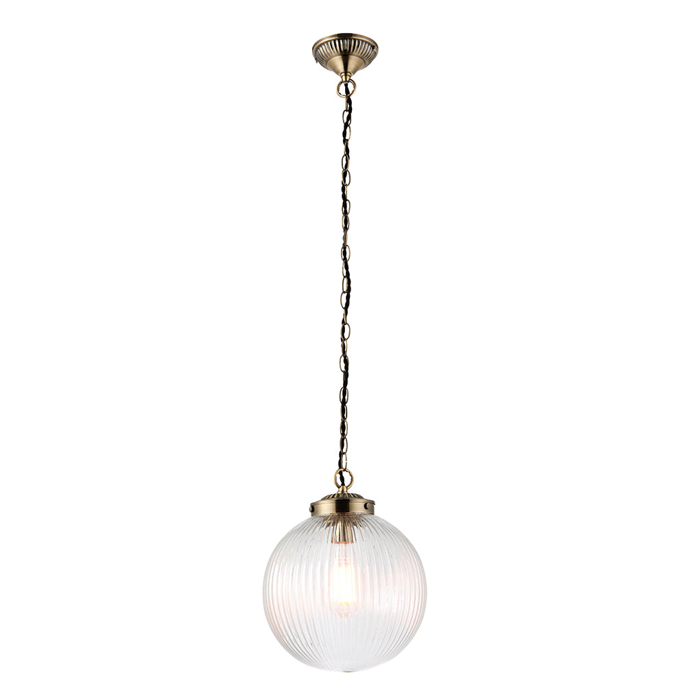 Endon Lighting 71123 Brydon 1Lt Pendant Antique Brass Plate & Clear Ribbed Glass