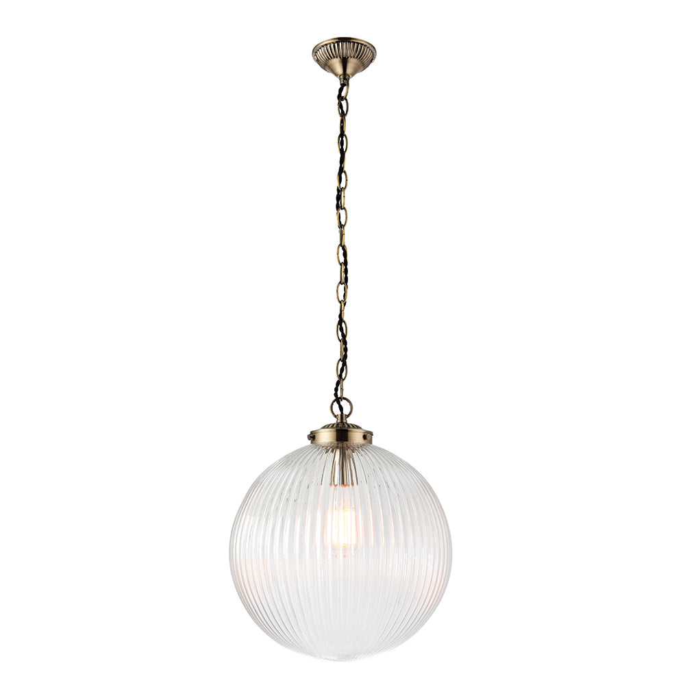 Endon Lighting 71124 Brydon 1Lt Pendant Antique Brass Plate & Clear Ribbed Glass
