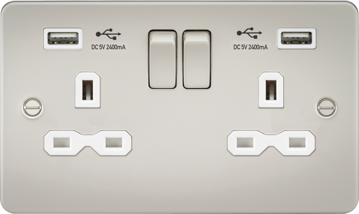13A 2G switched socket with dual USB charger A + A (2.4A) - Pearl with white insert