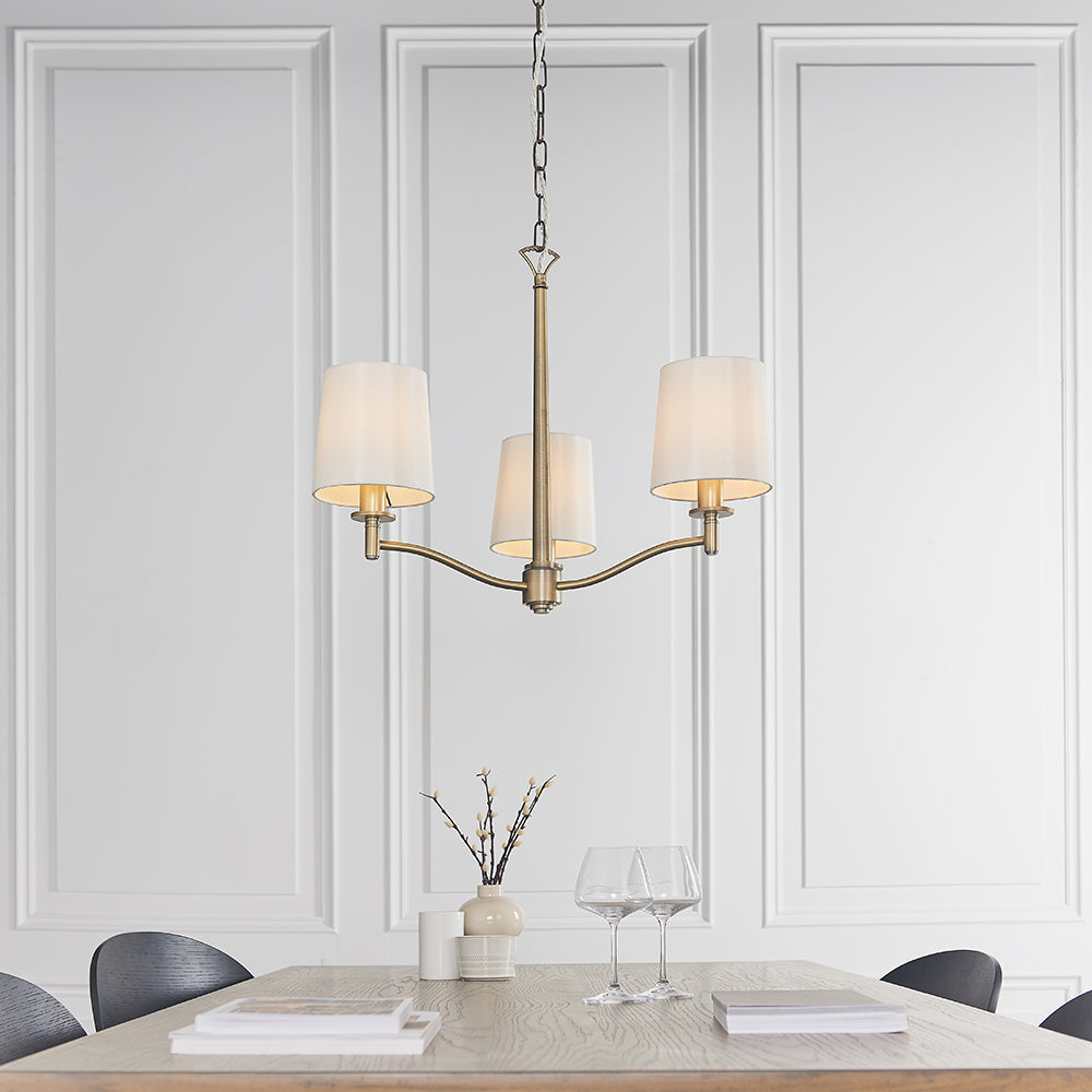 Endon Lighting 73411 Ortona 3Lt Pendant Matt Antique Brass Plate & Vintage White Fabric